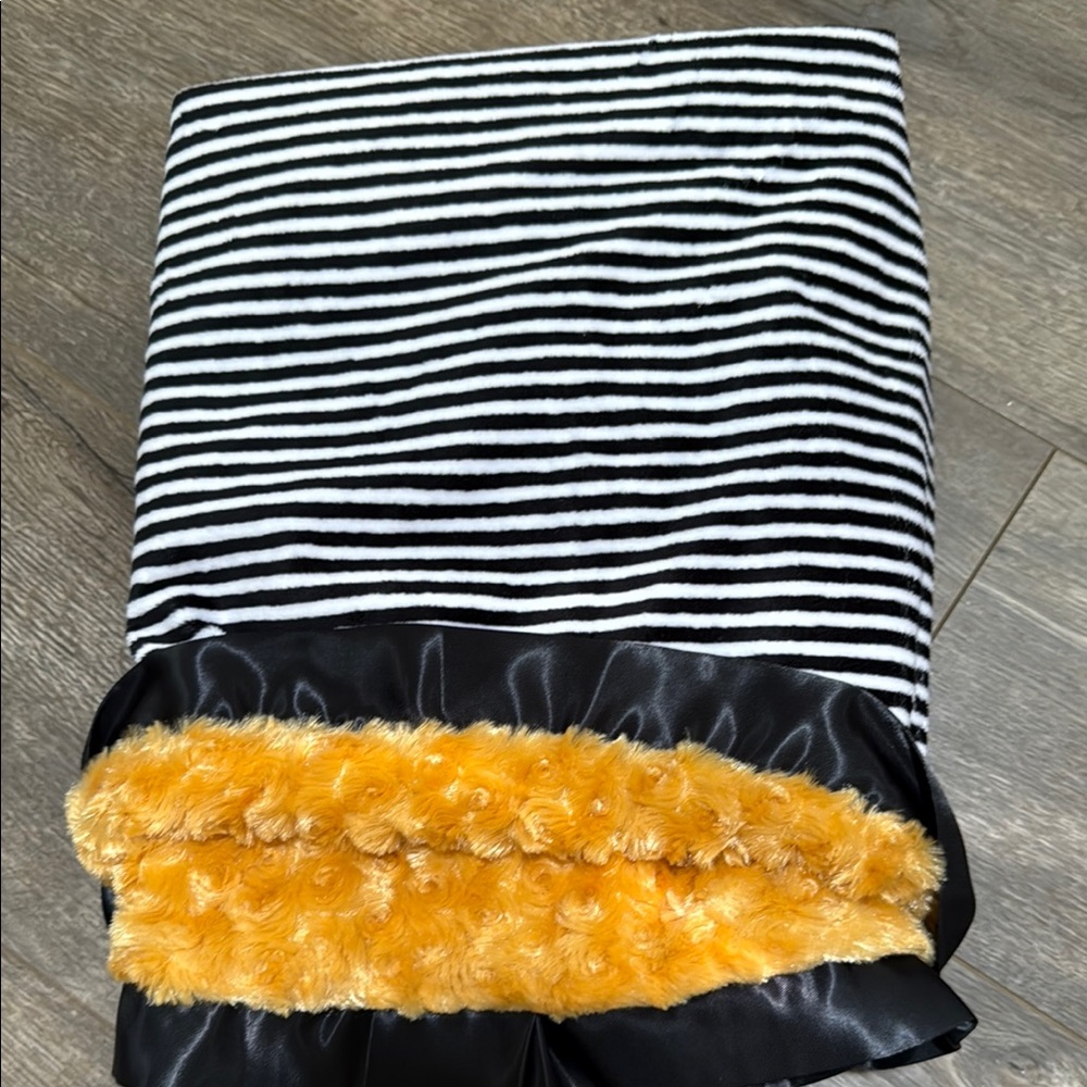 Striped Black and White Minky baby blanket with gold faux fur